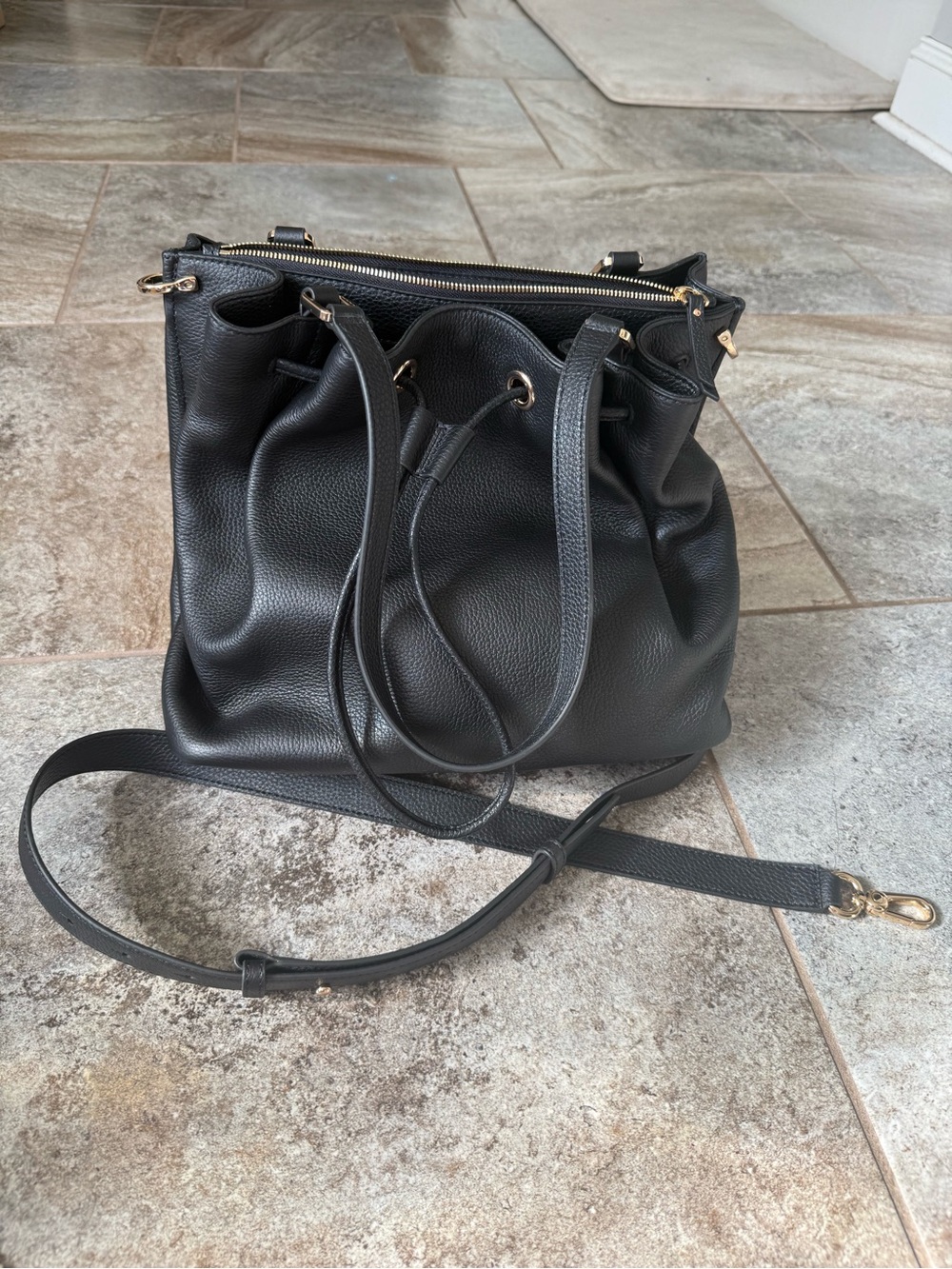 Quince Italian Leather Triple Compartment Bucket Bag in Black